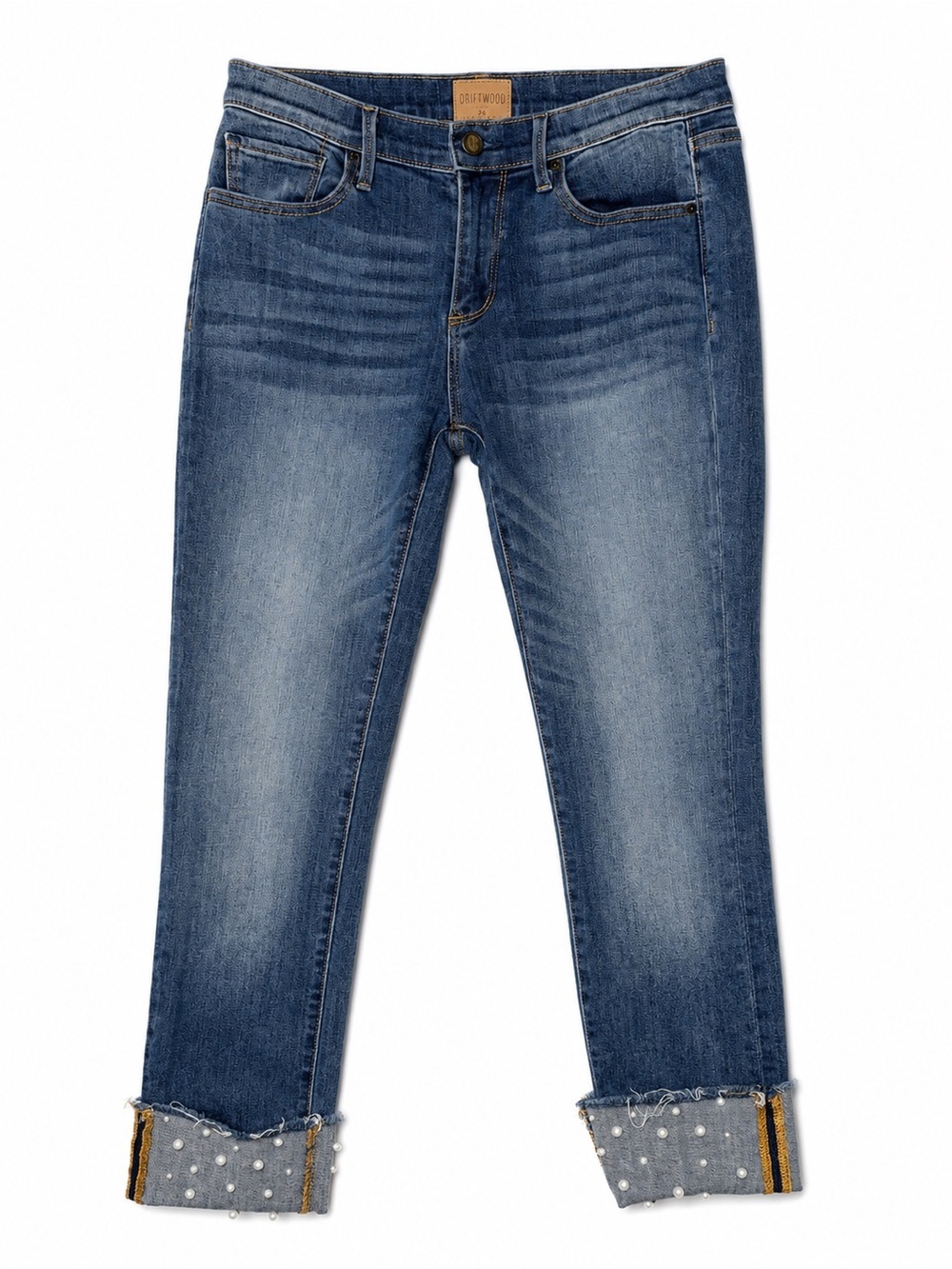 Driftwood Colette Pearl Cuffed Slim Straight Leg Jeans 26 Mid Rise Raw Hem